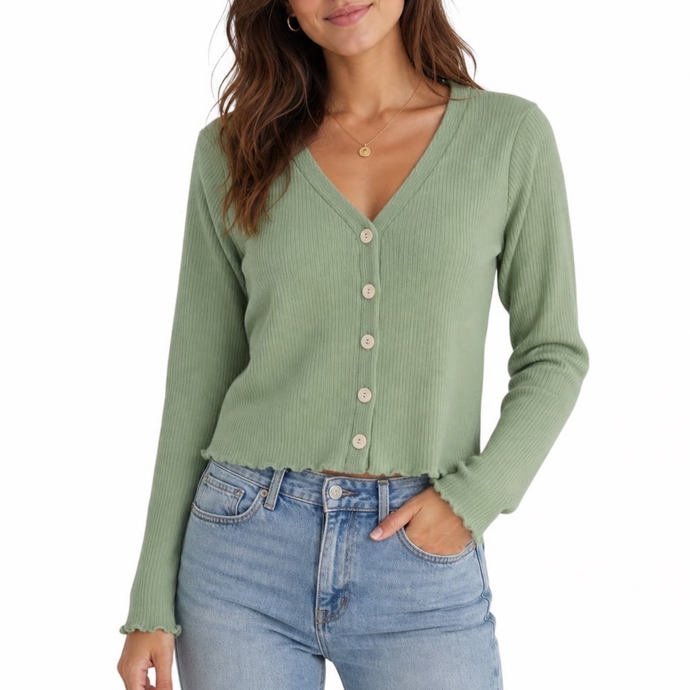 Lost + Wander Algea Sage Green Ribbed V-Neck Button Front Cardigan L